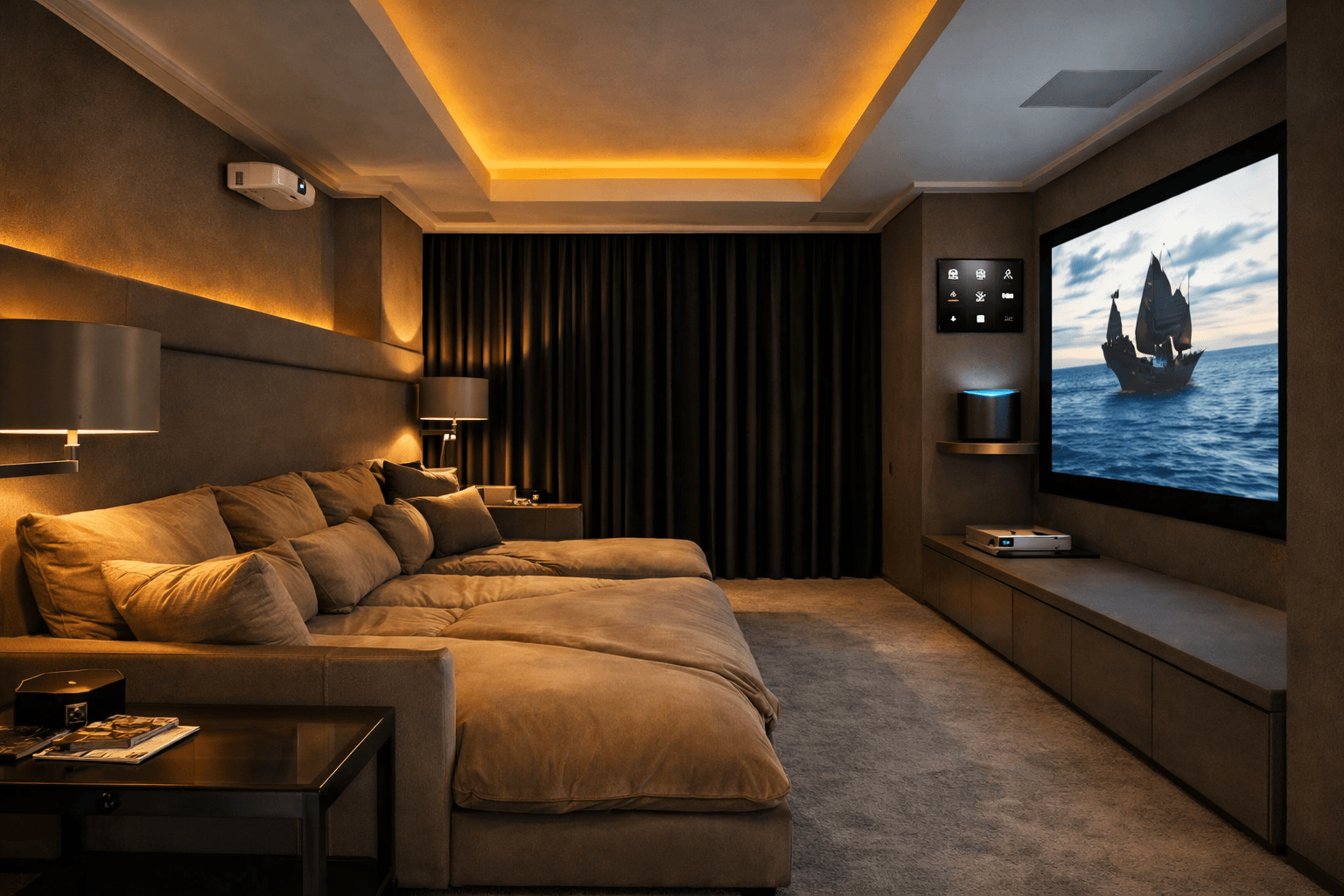 sala de home theater com cinema em casa instalado em Sao Paulo