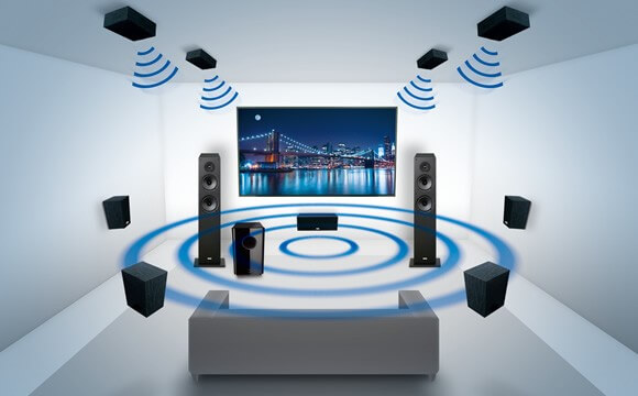 caixas de som e projetor de home theater